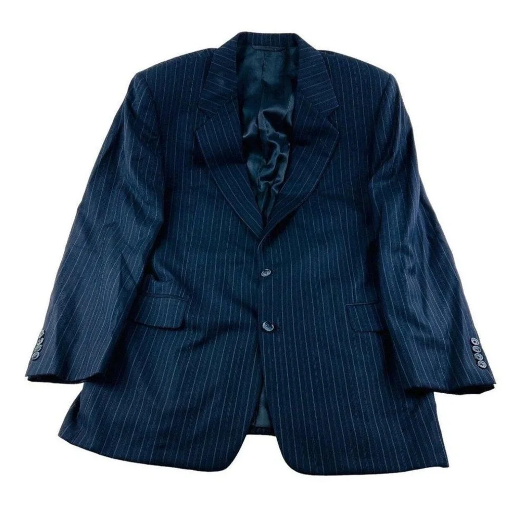 Hickey Freeman Blue w/ Gray Stripe Loro Piana Super 120 Wool‎ Blazer Size 44L